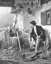 It is raining, the landscape painter has taken refuge under a roof with his easel, umbrella and