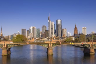 The sun shines on the skyscrapers of Frankfurt's banking skyline in the morning, Frankfurt am Main,