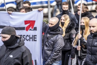 The neo-Nazi group Jung und Stark, JS, demonstrates in the city centre of Essen, demanding the