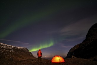 Tent in mountain landscape, Sarek National Park, World Heritage Laponia, Norrbotten, Lapland,