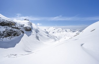 Mountain landscape with snow, summit Wildhorn, ascent to Wildstrubelhütte, Bernese Alps,