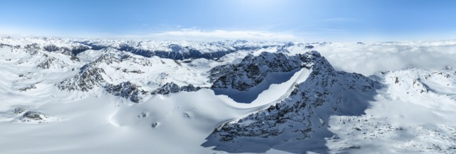 Alpine panorama, aerial view, mountain peak Piz Kesch and glacier Vadret da Porchabella, Albula