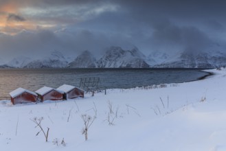 Red boat huts, coast, sea, waves, mountains, winter, snow, cloudy, windy, Lyngen Alps, Norway,