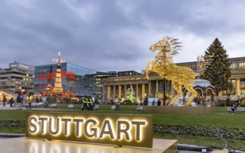 Stuttgart Christmas market in the evening. Traditional event with more than 3.5 million visitors