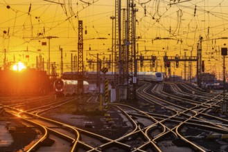 Track apron with trains, rails, points, pylons and signalling systems. Infrastructure at the main