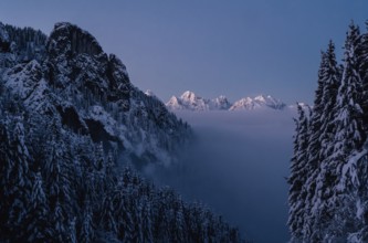 Sunrise snow tour on the Tegelberg in the Allgäu in Bavaria. Winter Wonder Land, Germany, Europe