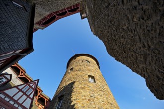 Stahleck Castle, view to the top of the castle tower, Bacharach, UNESCO World Heritage Upper Middle
