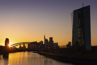 The sun sets behind the European Central Bank (ECB) and the Frankfurt skyline, Osthafen, Frankfurt