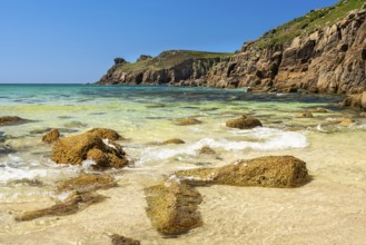 Sandy beach beach and rocks in Nanjizal Bay or Nanjizal Beach. St Just, Penzance, Cornwall,