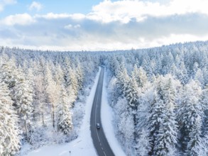 A road winds through a snowy winter forest under a blue sky, Bad Wildbad, district of Calw, Black