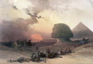 Desert of Giza with Sphinx and pyramids, camel caravan resting in the desert, Egypt, around 1850,