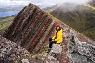 Female hiker in the Peruvian Andes, Pallay Punchu Rainbowmountain, Layo, Peru, South America