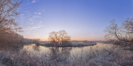 Panoramic view of the river Leine at sunset, winter, snow, ice, frost, cold, season, cosy,