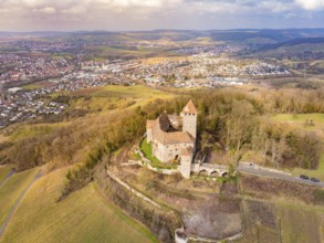 Historic castle on a hill with panoramic views over a town and fields, Lichtenberg Castle,