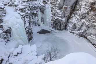 Gorge, canyon, river, waterfall, icy, ice, snow, winter, Abisko Canyon, Abisko National Park,