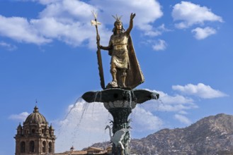Peru, Cusco, The Statue of Pachacuti on Central Plaza de Armas square in historic city center .,