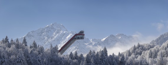 Mountain panorama over the Freibergsee in winter, near Oberstdorf, behind the Heini-Klopfer ski