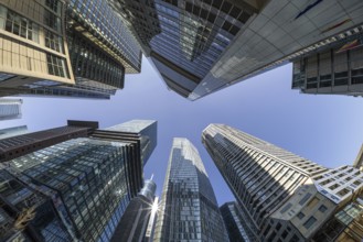 The towers of Frankfurt's banking skyline rise into the sky, Frankfurt am Main, Hesse, Germany,