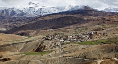 Panorama of Kibber village in Himalayas. Spiti Valley. Himachal Pradesh, India, Asia