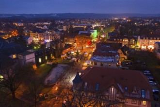 Aerial view of the Christmas market on Wettinplatz, Coswig, Saxony, Germany, Europe