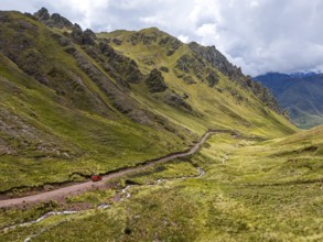 Off-road camper van crosses the Peruvian Andes, Pallay Punchu Rainbowmountain, Layo, Peru, South