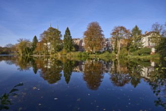 Mill pond with trees, general buildings against a cloudless blue sky, symmetrical reflections on