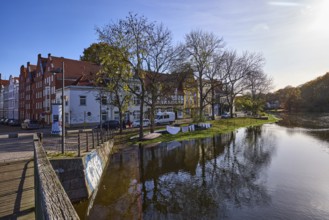 Riverbank of the Trave, pedestrian bridge Dankwartsbrücke, trees, historic houses, reflections on