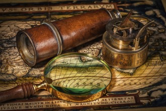 Travel geography navigation concept background, old vintage retro compass with sundial, spyglass