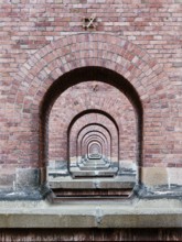 Detail of the Göltzschtal Bridge, view through the bridge arches, largest brick bridge in the