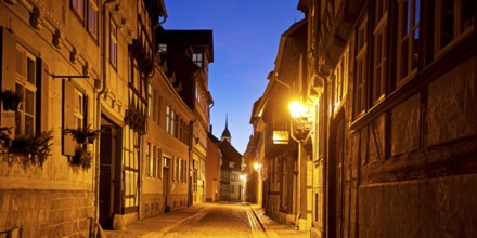 Half-timbered houses in a narrow street with cobblestones, Old Town in the evening, World Heritage
