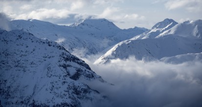 Snow-covered Alps, winter landscape in the mountains, Albula Alps, Grisons, Switzerland, Europe