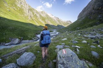 Mountaineer on hiking trail, Umbaltal, Venediger Group, Hohe Tauern National Park, East Tyrol,