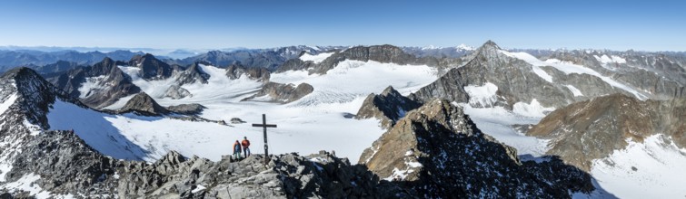 Panorama at the summit of the Wilder Freiger with summit cross and with glacier Übeltalferner and