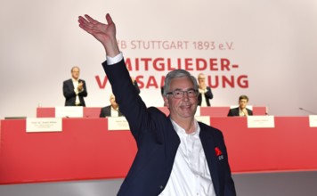 President Dietmar Allgaier VfB Stuttgart celebrates winning the election, General Meeting VfB