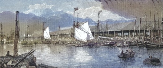 The fish market in the fishing harbour of Yarmouth in 1868, England, Historic, digitally restored