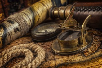Travel geography navigation concept background, old vintage retro compass with sundial, spyglass