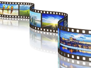Global travel world countries concept, photo film with travel images with reflection on white