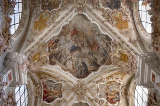 Interior photograph of ceiling frescoes, ceiling painting, monastery basilica, monastery church,
