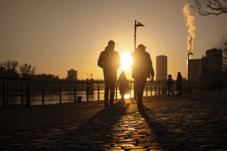 People walking along the banks of the Main in Frankfurt at sunset, Frankfurt am Main, Mainufer,