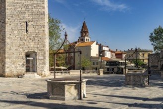 The Square of Five Fountains with the Captain's Tower and the Church of St Simeon, Zadar, Croatia,