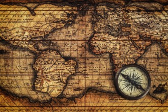 Travel geography navigation concept background, old vintage retro compass on ancient world map