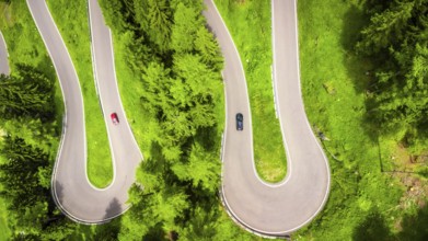 Aerial view of winding road with cars driving through lush green forest in the dolomites, italy,