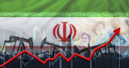 Oil industry with iran flag on financial graph. Iranian oil production on economic graph