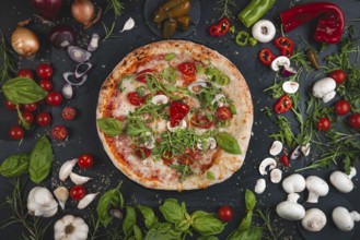 Colourful pizza topped with basil, tomatoes, rocket and mushrooms surrounded by ingredients