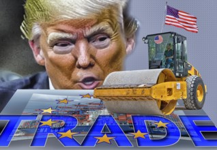 Symbolic image, EU, Germany and global economy under the US steamroller, Donald Trump, tariff