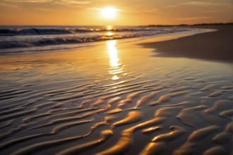 Sunset mood on a whispering tranquil costal landscape with sandy beach, AI generated
