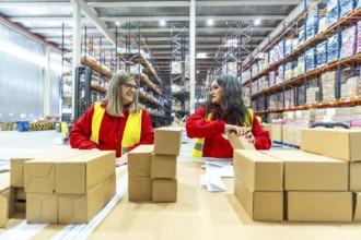 Happy female caucasian manual workers organizing boxes to ship in a distribution warehouse