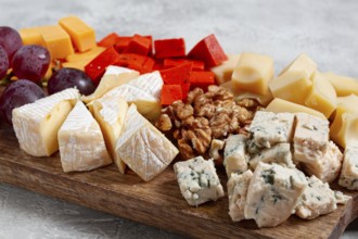 Assorted cheese on a wooden board, with grapes and walnuts, appetizer, no people
