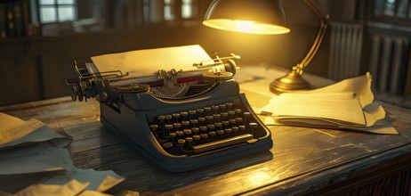 Antique typewriter sitting on a weathered wooden desk, with crumpled papers scattered around, AI