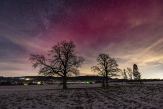 Northern Lights, Aurora borealis, Stable auroral red arc (SAR Arc), violet, pink, red, hut, stars,